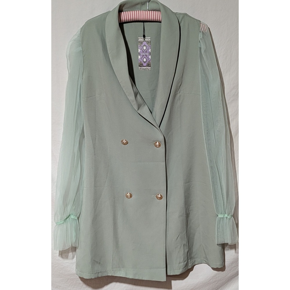 Boohoo Organza Sleeve Button Detail Blazer Dress Sage Green UK 14 US 10 NWT